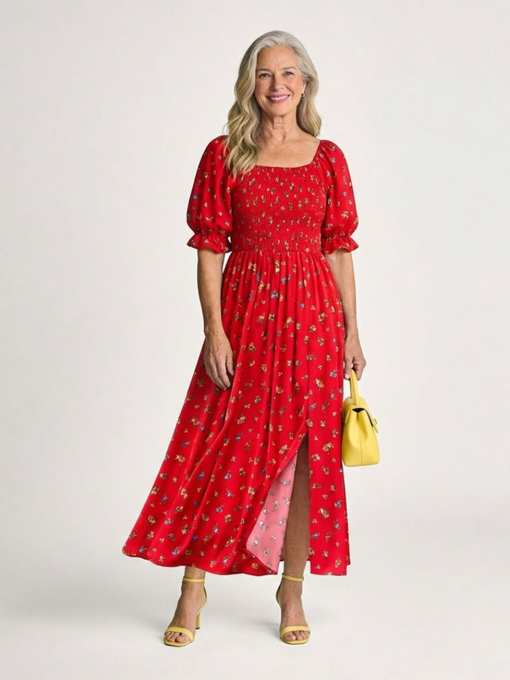 Delphine | Abito midi con scollatura quadrata e motivo floreale