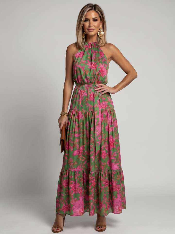 Abito midi drappeggiato rosa con scollatura all'americana elegante