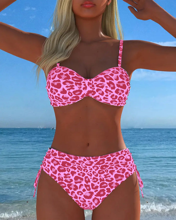 Costume da bagno due pezzi con nodo e stampa leopardata