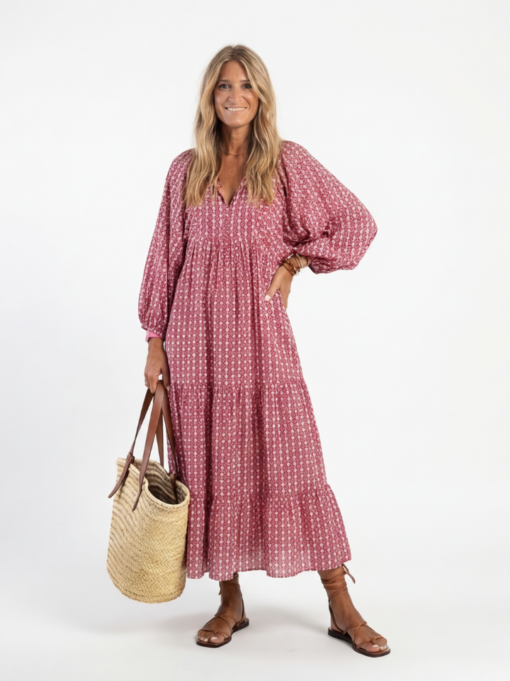 Arlette | Abito midi con stampa geometrica e maniche lunghe