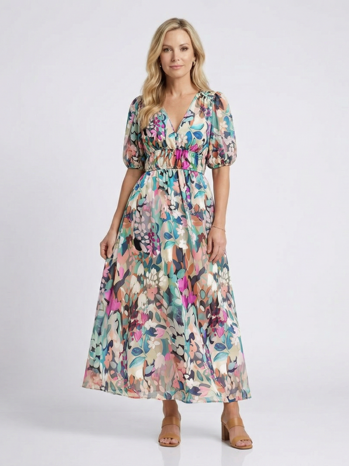 Eulalie | Abito midi con scollatura a V e maniche corte arricciate in vita
