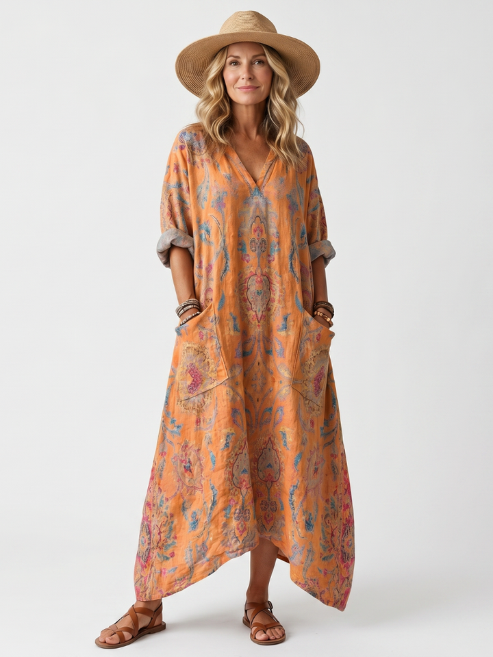 Remi | Abito Midi Oversized con Collo a V e Tasche Stampato