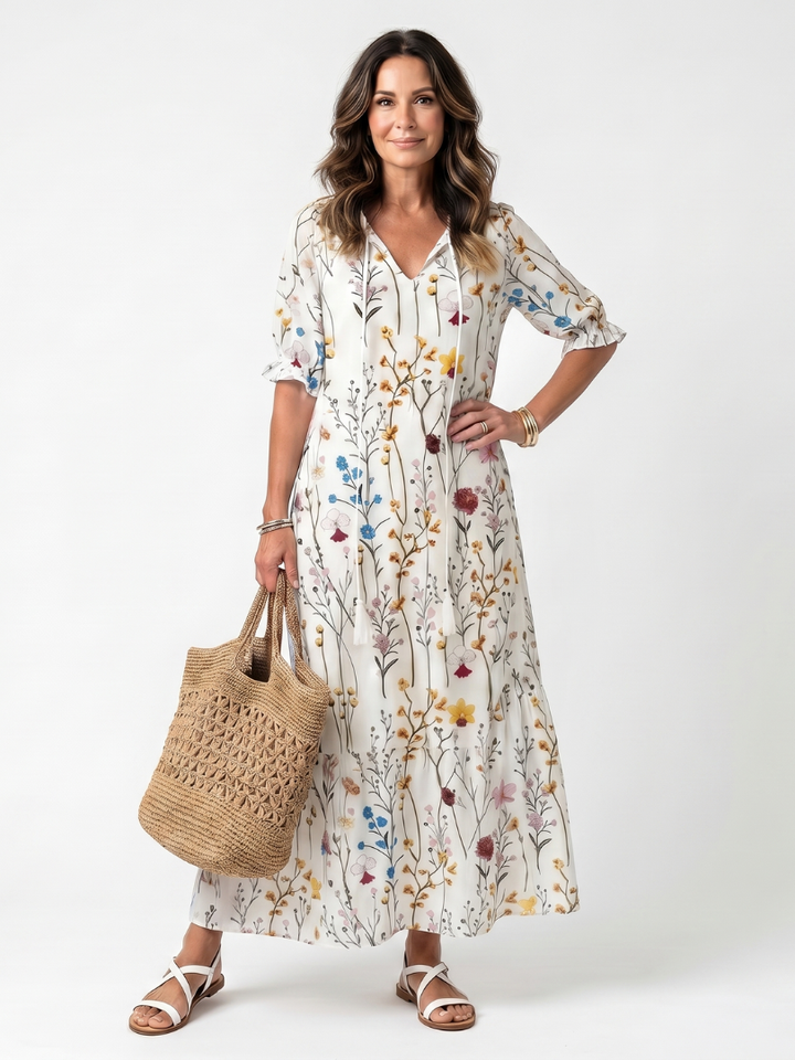 Sylvie | Abito Midi con Stampa Botanica e Nappe