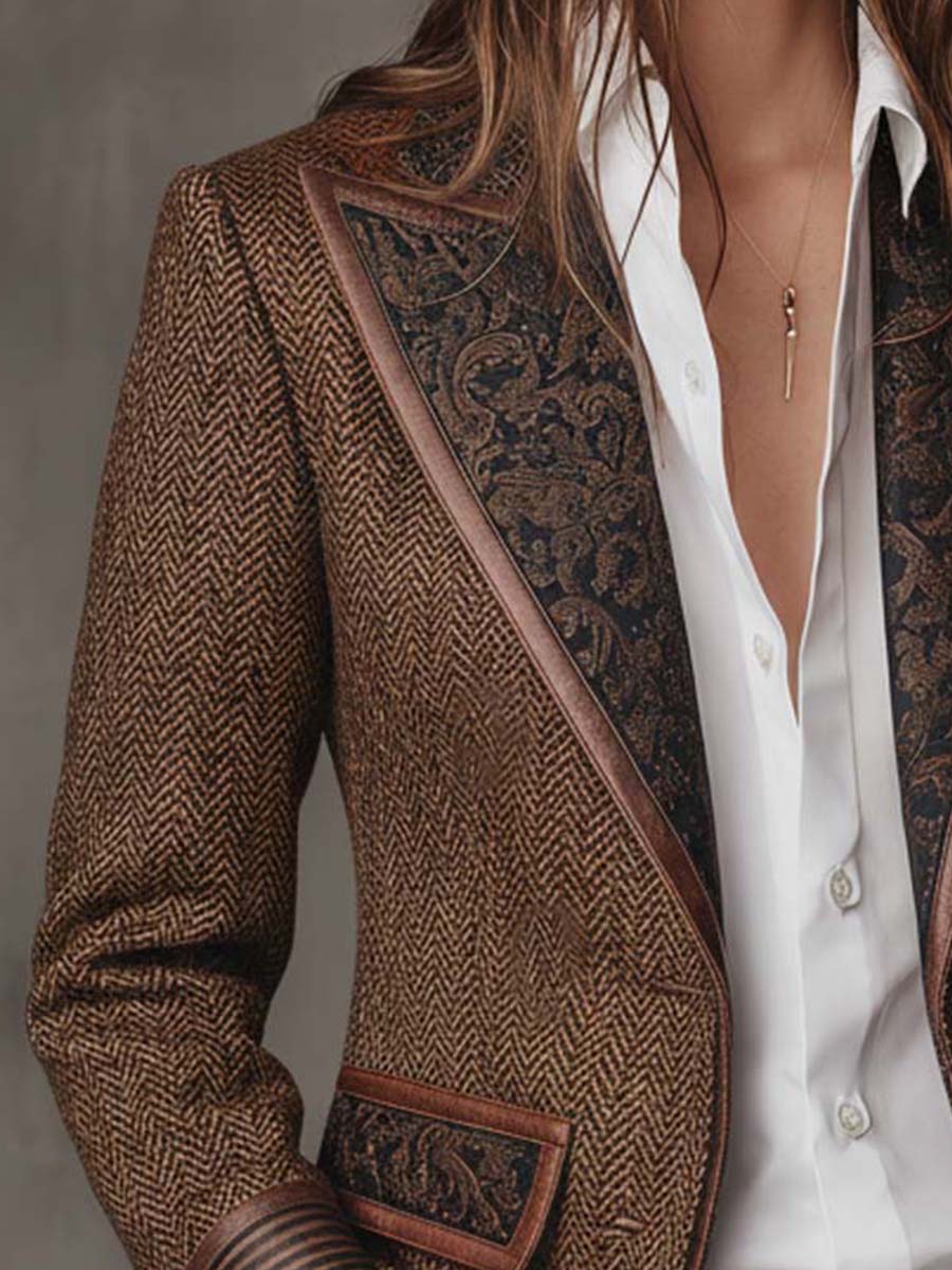 Blazer da Donna con Pannello Stampato a Spina di Pesce