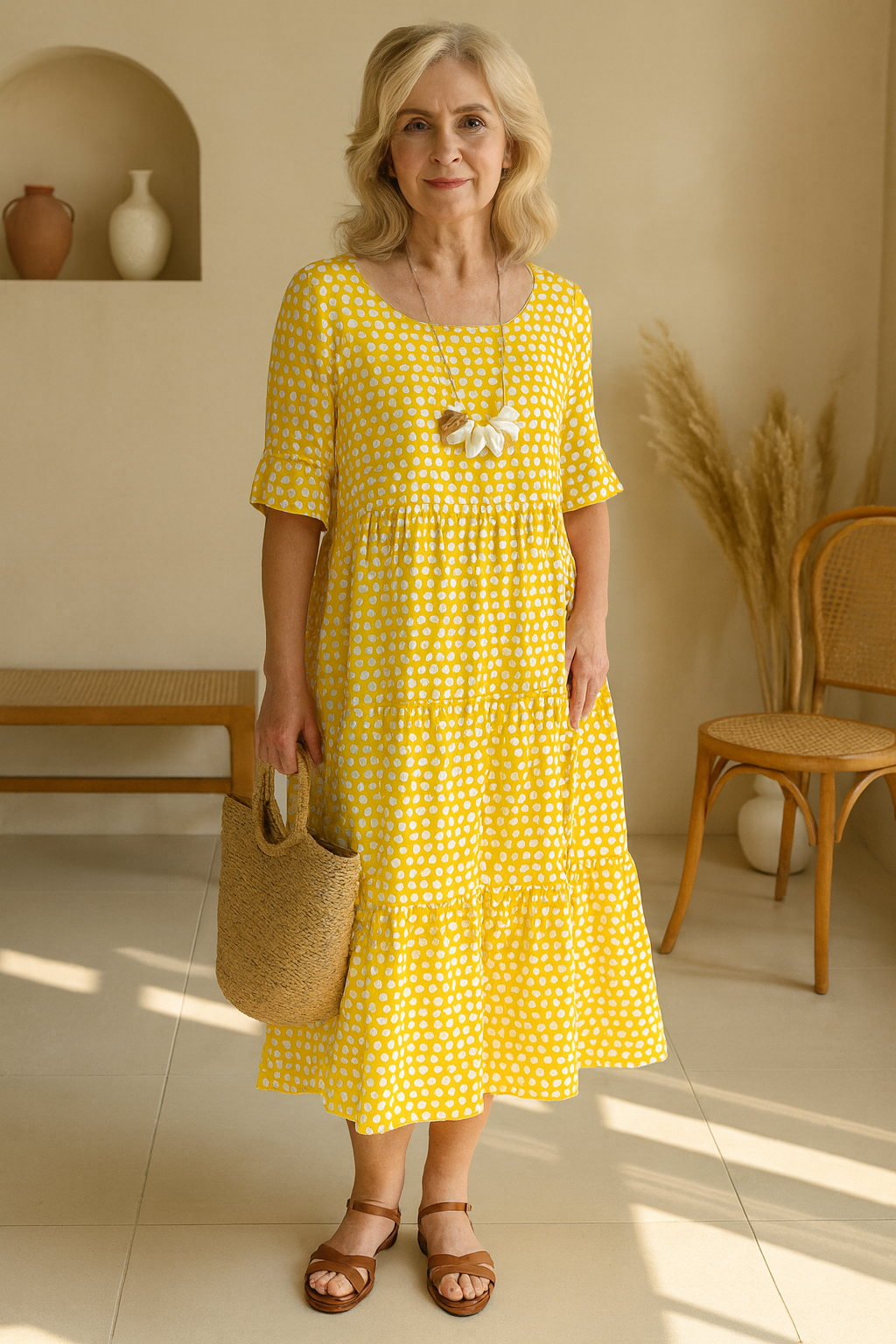 Noémie™ — Abito midi fluido elegante naturale