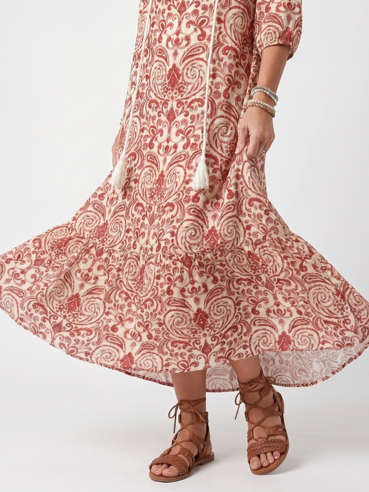 Noelle | Abito Midi con Stampa Ornata e Nastro a Frange