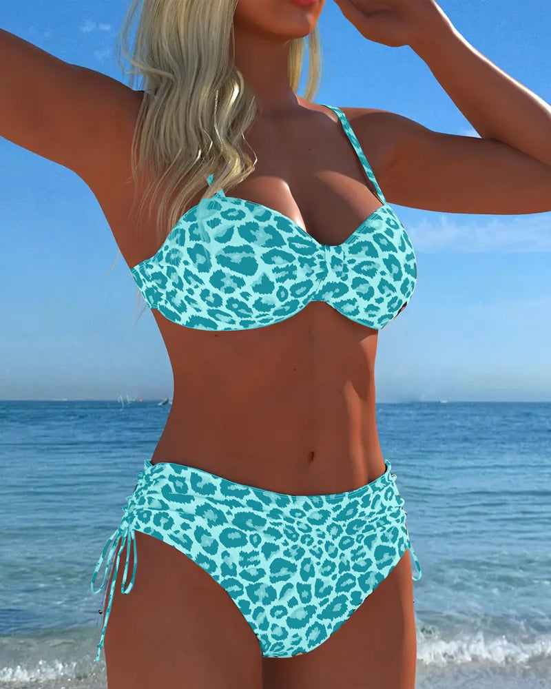 Costume da bagno due pezzi con nodo e stampa leopardata