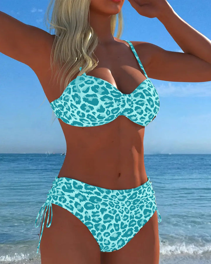 Costume da bagno due pezzi con nodo e stampa leopardata