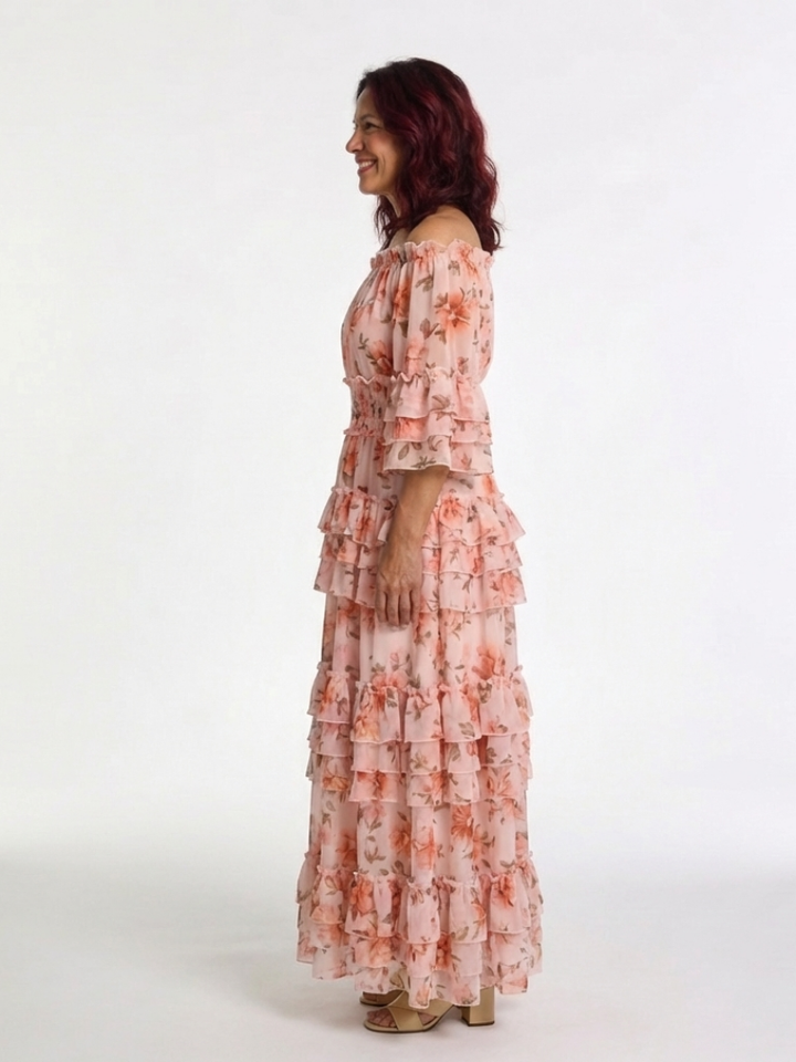 Rosalie | Abito Maxi a Volant Floreale con Spalle Scoperte