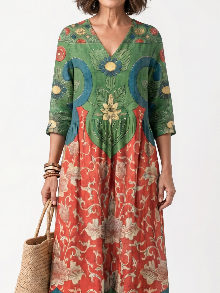 Sloane | Vestito Midi con Stampa Mista e Scollatura a V