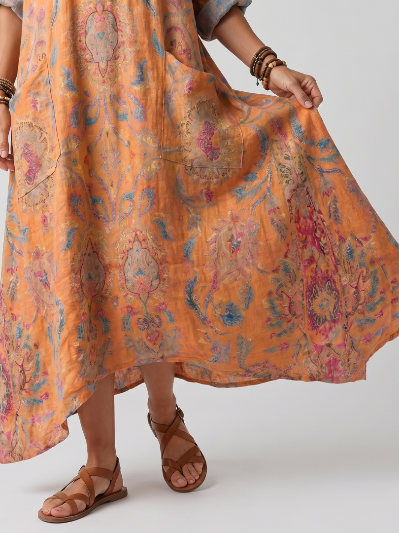 Remi | Abito Midi Oversized con Collo a V e Tasche Stampato