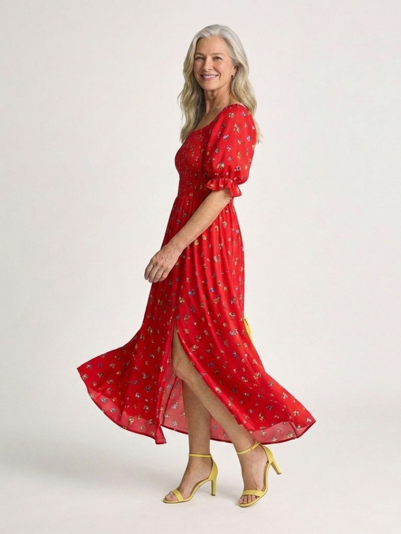 Delphine | Abito midi con scollatura quadrata e motivo floreale