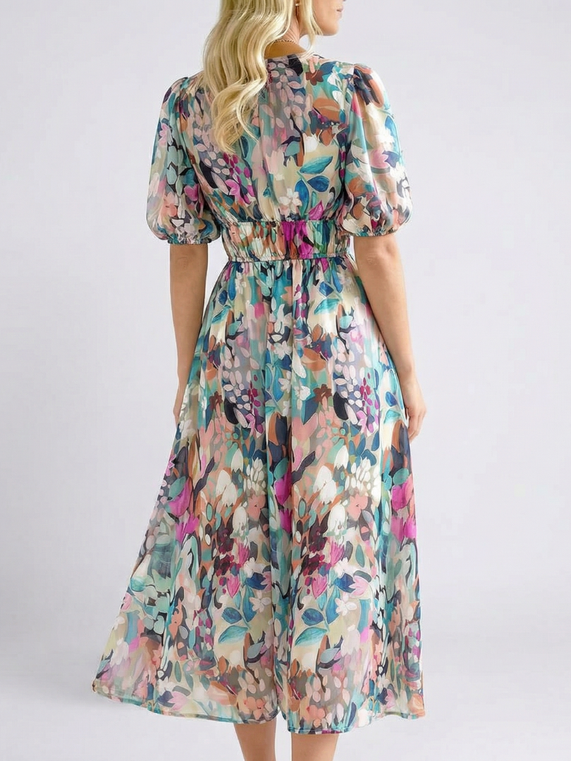 Eulalie | Abito midi con scollatura a V e maniche corte arricciate in vita