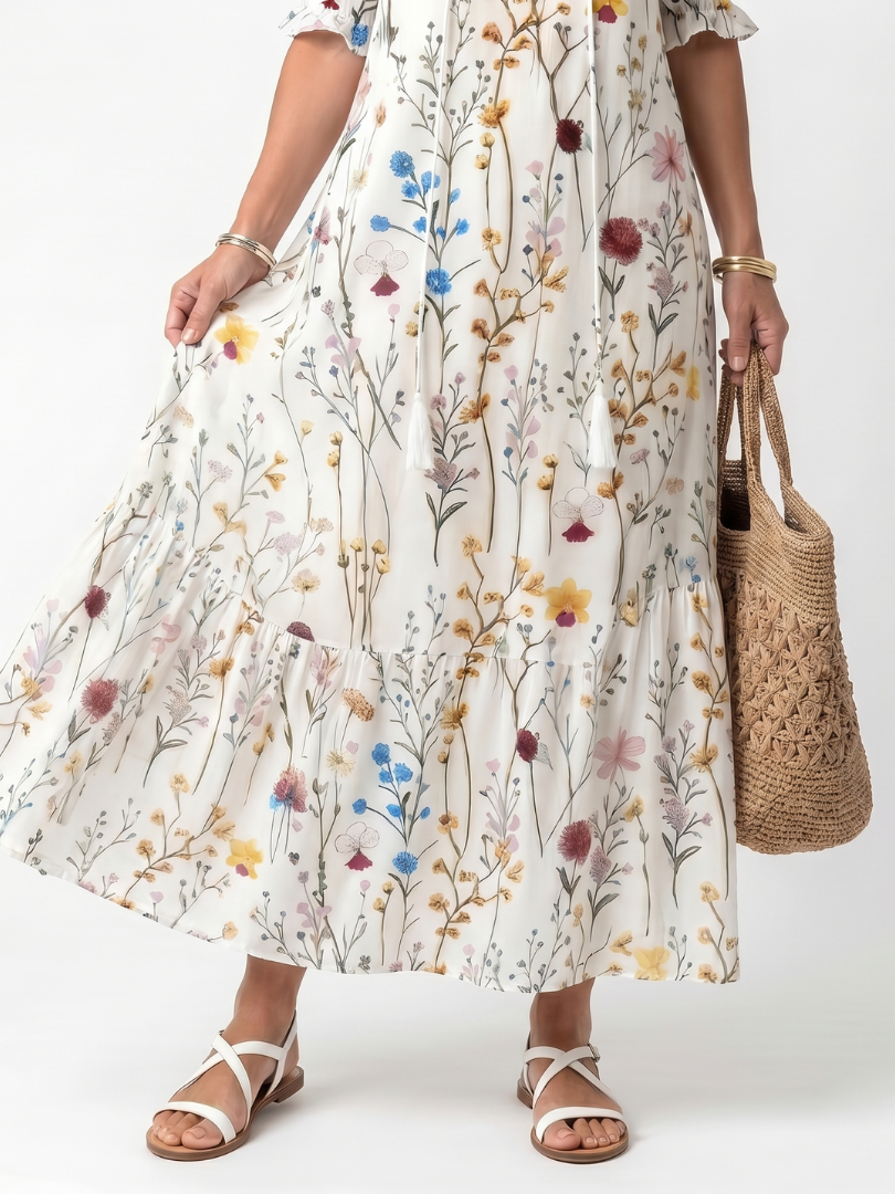 Sylvie | Abito Midi con Stampa Botanica e Nappe