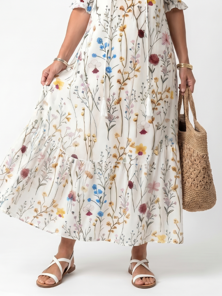 Sylvie | Abito Midi con Stampa Botanica e Nappe