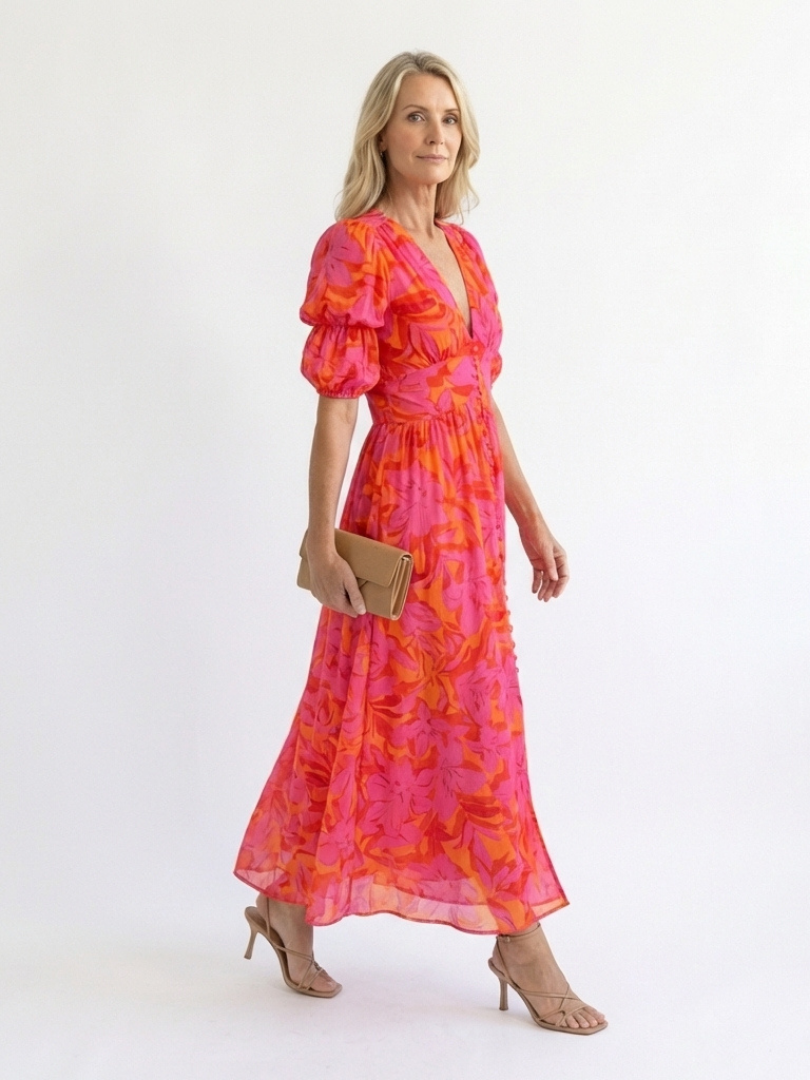 Willow | Abito midi con scollo a V floreale e maniche a sbuffo