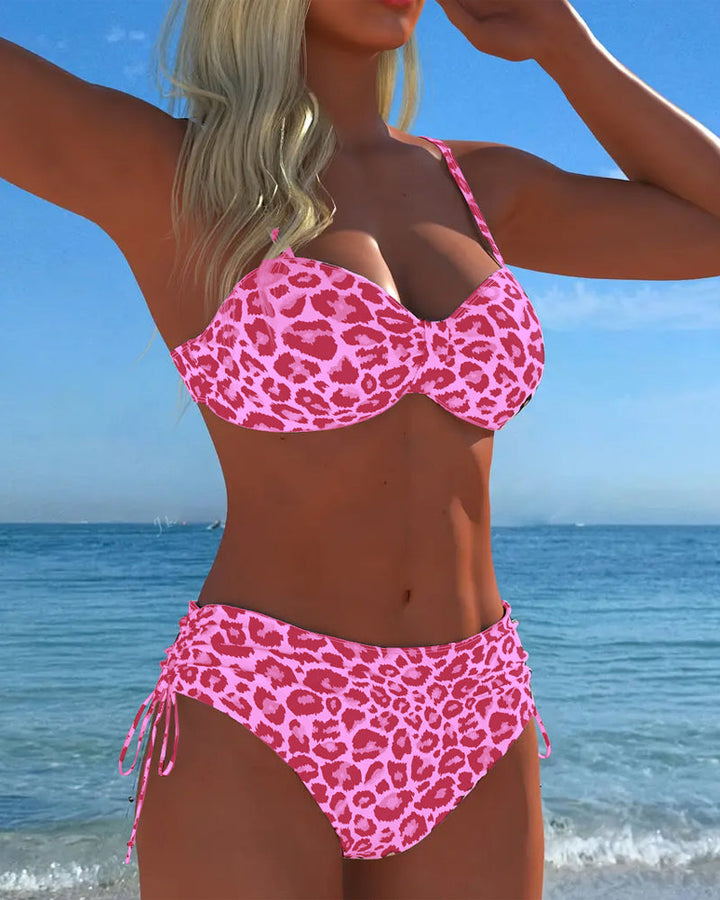 Costume da bagno due pezzi con nodo e stampa leopardata
