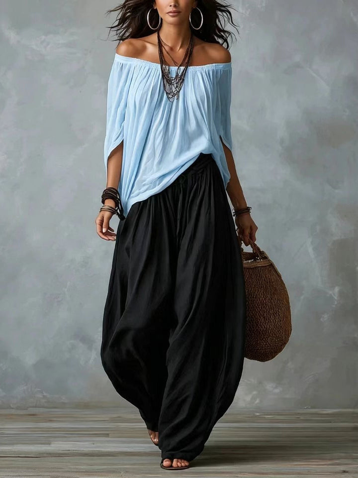 Top Bianco Off-the-shoulder e Set di Pantaloni a Lanternina Comodi
