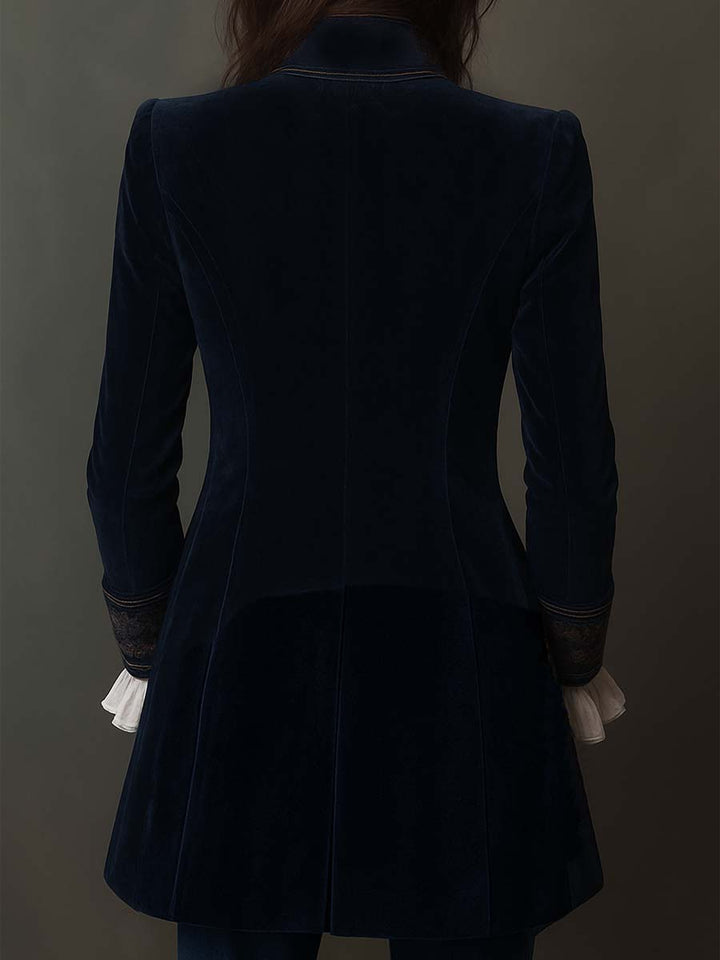 Giacca lunga vintage da donna ricamata in navy