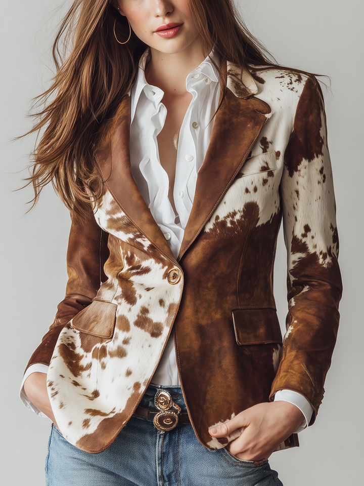 Blazer Eco-Friendly Vintage con Stampa di Mucca per Donne