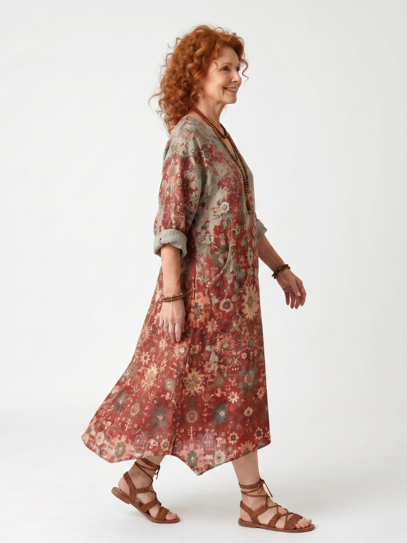 Zafferano | Abito Midi Relaxed con Pattern Misto e Tasche