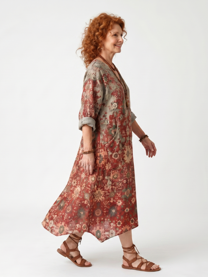 Zafferano | Abito Midi Relaxed con Pattern Misto e Tasche