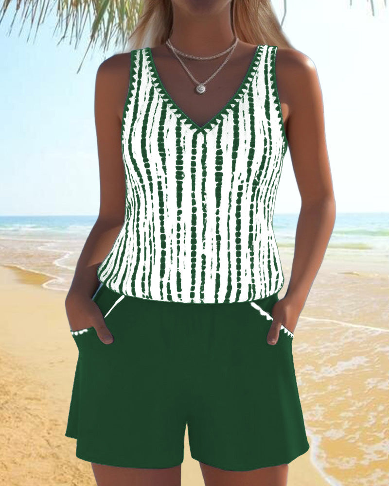 Mia | Costume da bagno casual a due pezzi stampato con scollatura a V e tasche