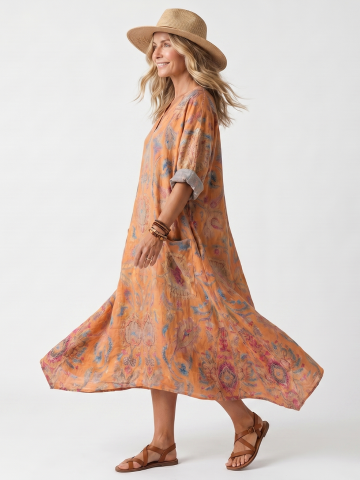 Remi | Abito Midi Oversized con Collo a V e Tasche Stampato
