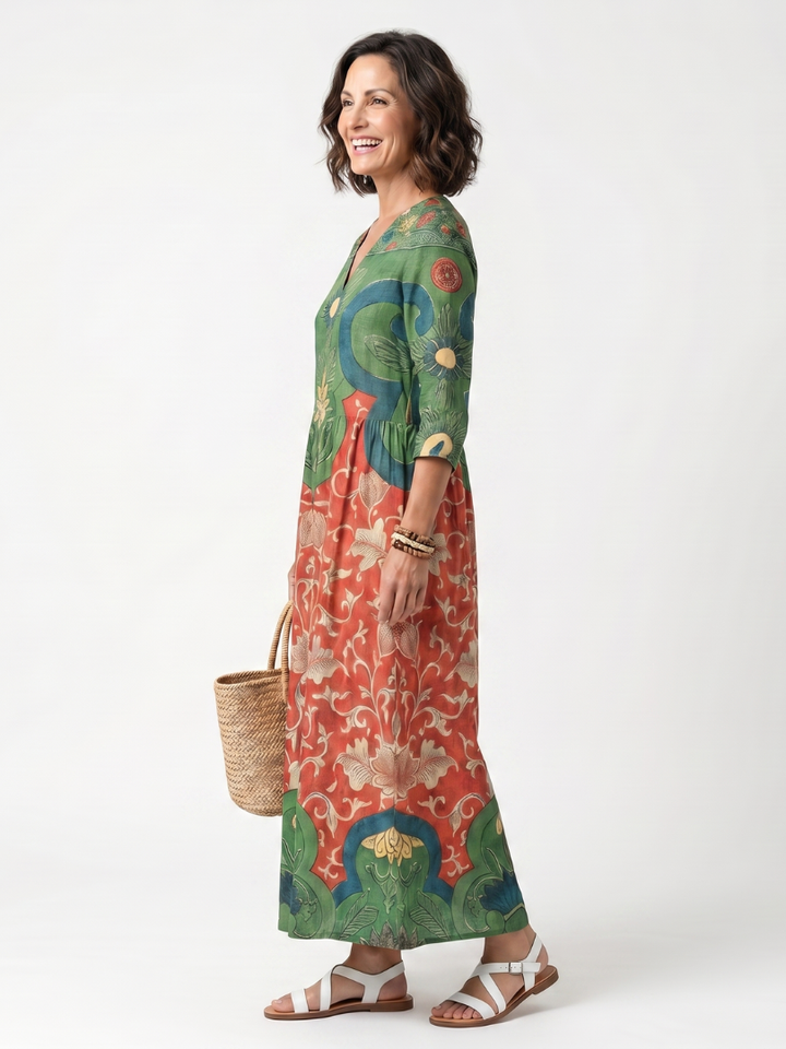 Sloane | Vestito Midi con Stampa Mista e Scollatura a V