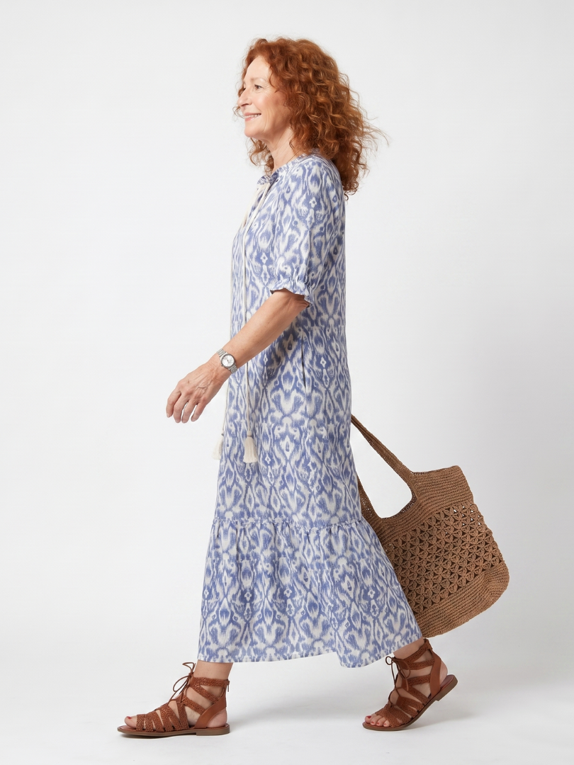 Ottoline | Abito midi stampato con scollo a fascia e frange
