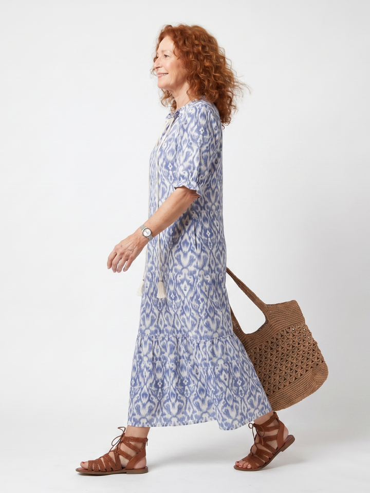 Ottoline | Abito midi stampato con scollo a fascia e frange