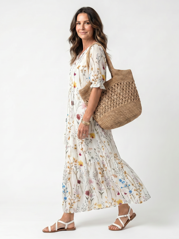 Sylvie | Abito Midi con Stampa Botanica e Nappe
