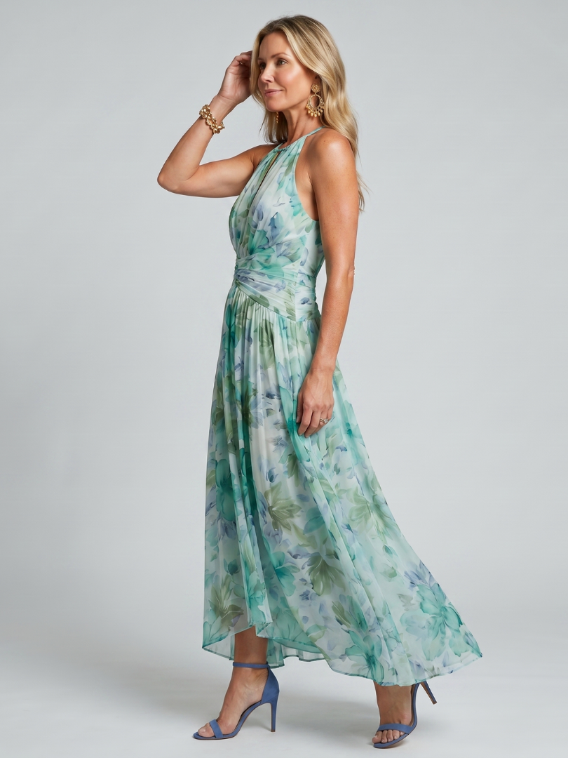 Robe Midi Portia in Crêpe Plissé con Collo Halter e Stampa Floreale