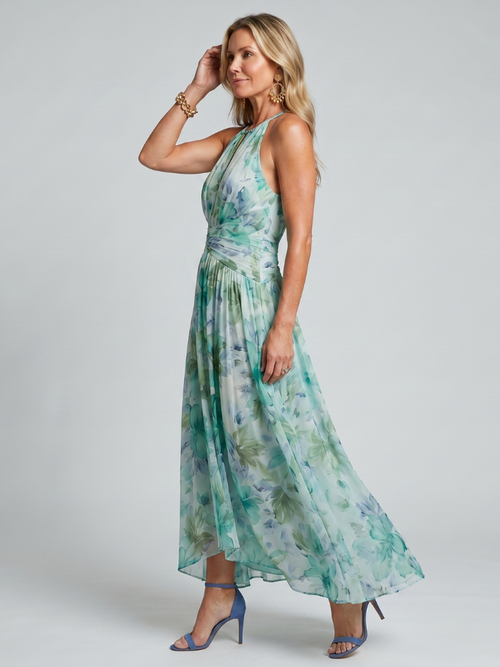 Robe Midi Portia in Crêpe Plissé con Collo Halter e Stampa Floreale