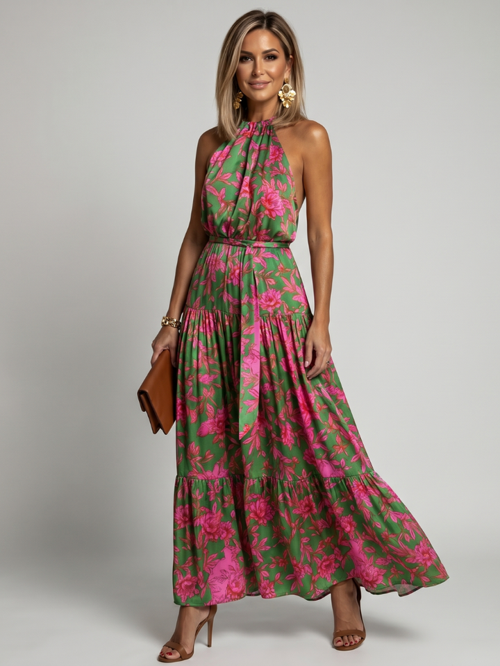 Abito midi drappeggiato rosa con scollatura all'americana elegante