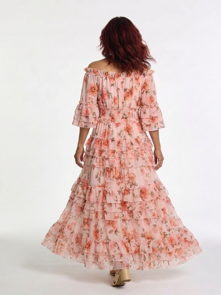 Rosalie | Abito Maxi a Volant Floreale con Spalle Scoperte