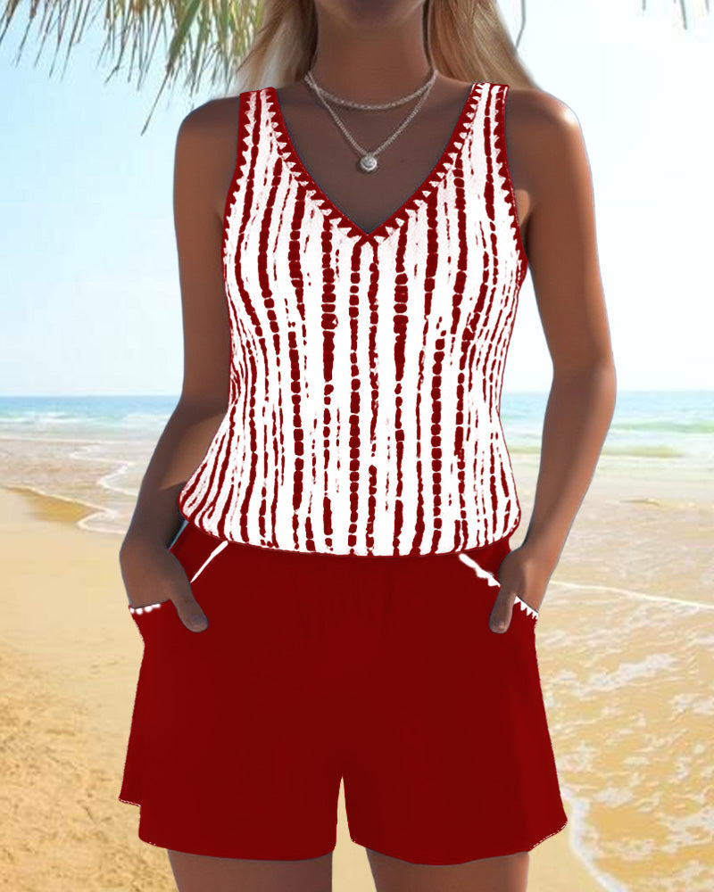 Mia | Costume da bagno casual a due pezzi stampato con scollatura a V e tasche