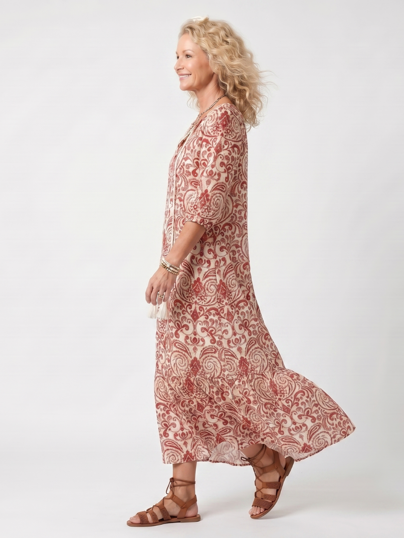 Noelle | Abito Midi con Stampa Ornata e Nastro a Frange