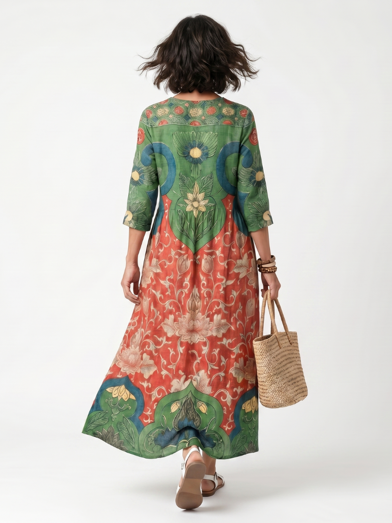 Sloane | Vestito Midi con Stampa Mista e Scollatura a V