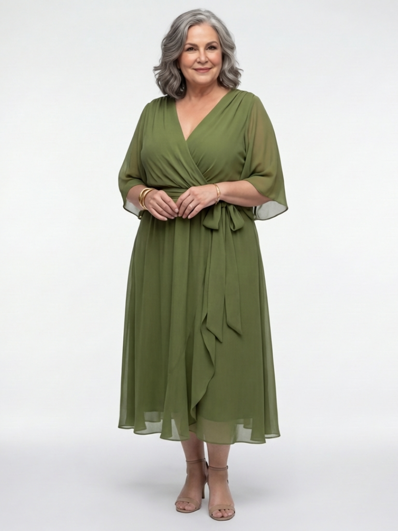 Elysia | Abito midi drappeggiato con scollatura a V e cintura in vita