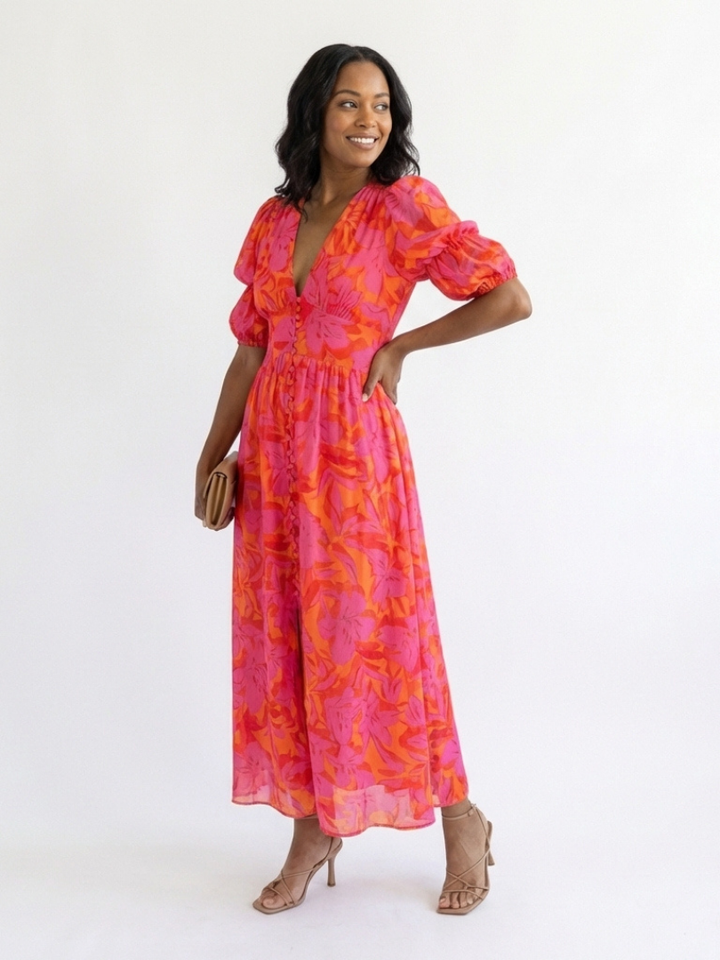 Willow | Abito midi con scollo a V floreale e maniche a sbuffo