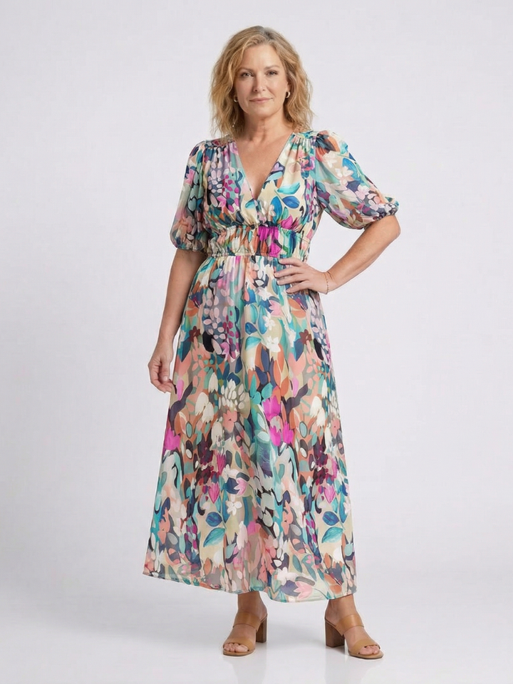 Eulalie | Abito midi con scollatura a V e maniche corte arricciate in vita
