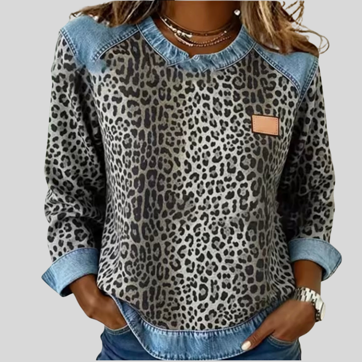 Hollyn™ | Maglione a Stampa Leopardata con Collo in Denim