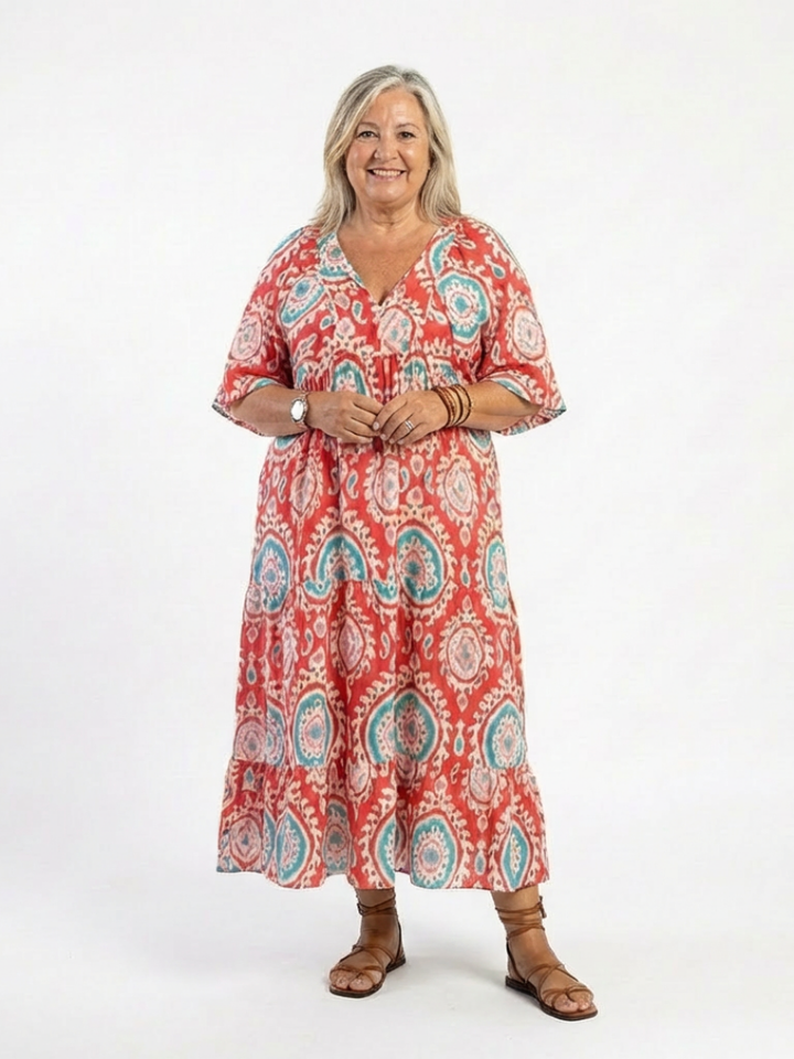 Zaria | Abito midi con stampa paisley e scollatura a V con maniche corte