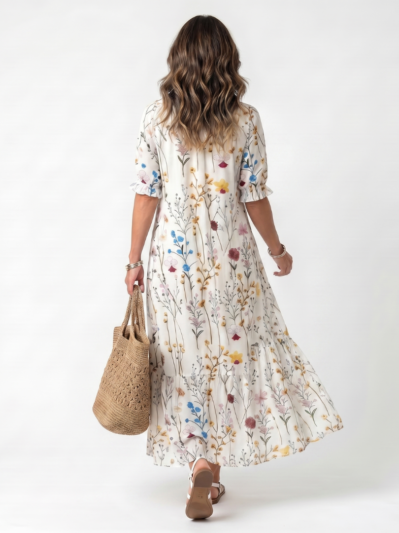 Sylvie | Abito Midi con Stampa Botanica e Nappe