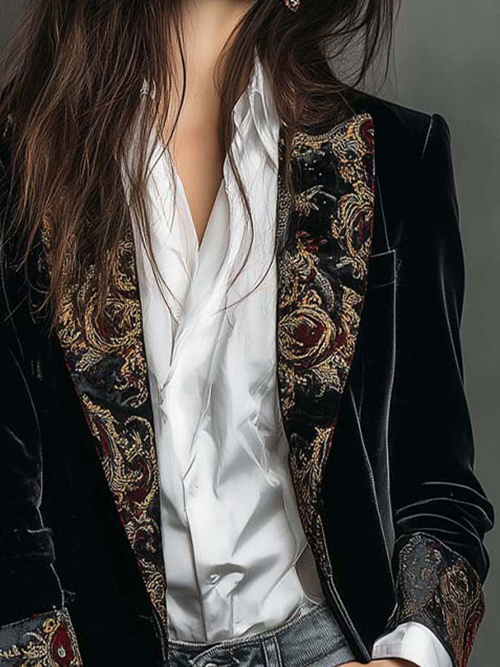 Blazer Slim Fit Nero con Stampa Barocca per Donne