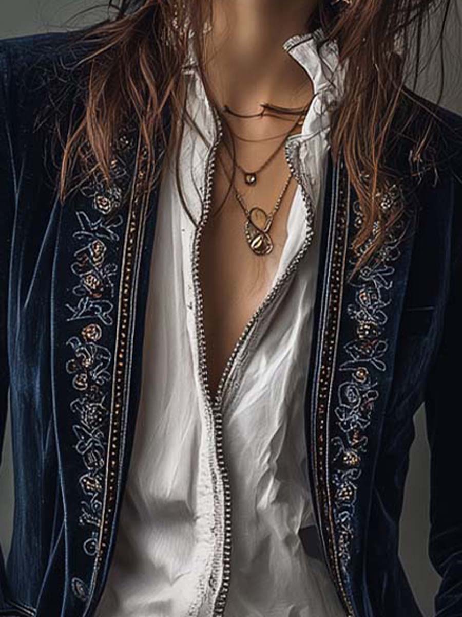 Giacca lunga vintage da donna ricamata in navy