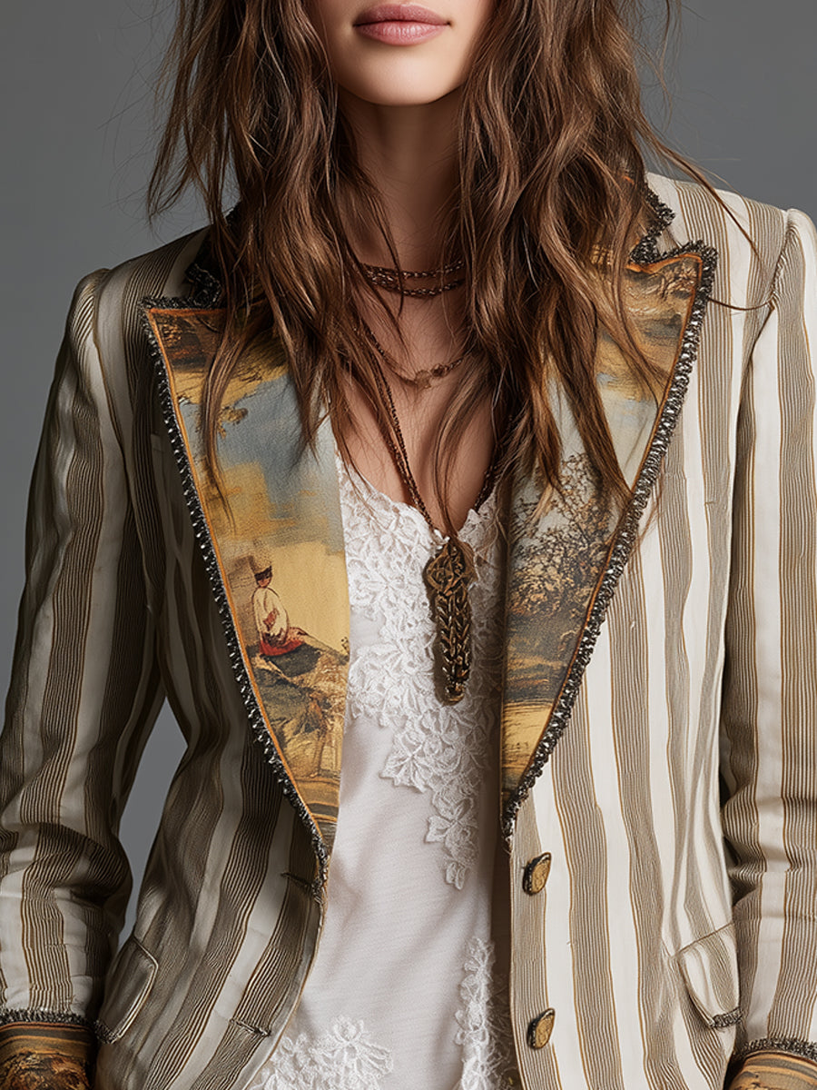 Blazer da Donna Boho a Righe Stampato con Rever