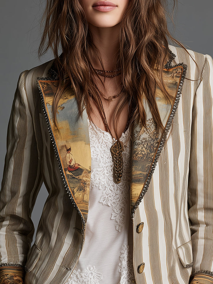 Blazer da Donna Boho a Righe Stampato con Rever
