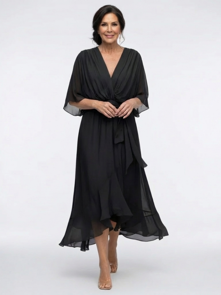 Elysia | Abito midi drappeggiato con scollatura a V e cintura in vita
